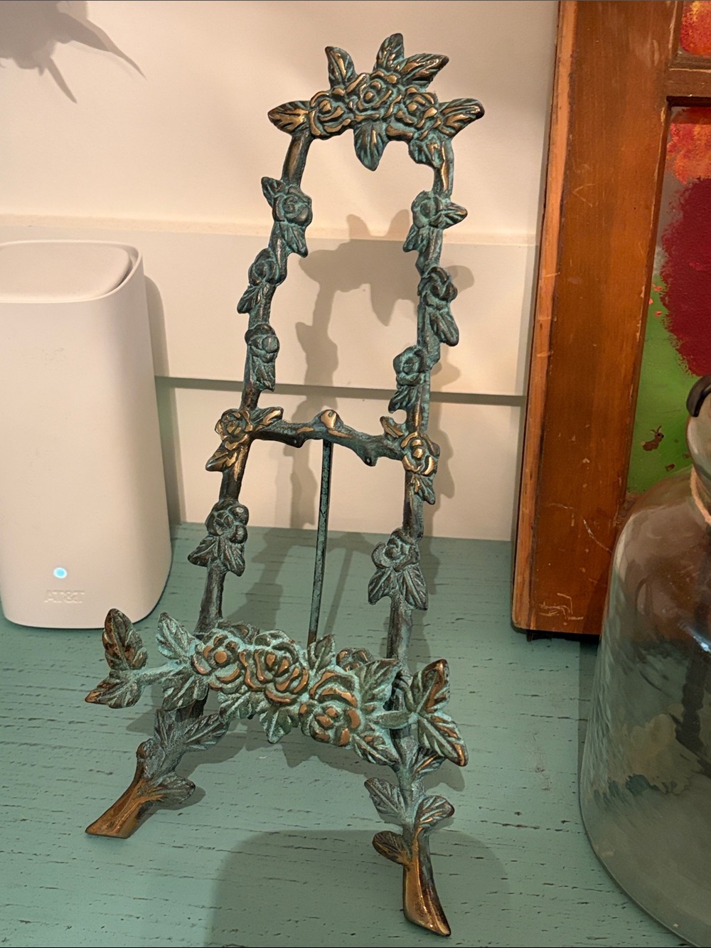 Decorative Floral Metal Easel Stand Green Patina cottagecore shabby ROSES